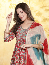 Women's Red Floral Printed & Embroidered Rayon Flared Kurta Palazzo Dupatta Set-KPDREDSWAN